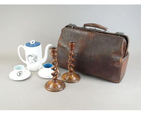 A mixed lot to include a 19th century clerks desk, brown leather suitcase, copper warming pan, box of clock parts, a Gladston