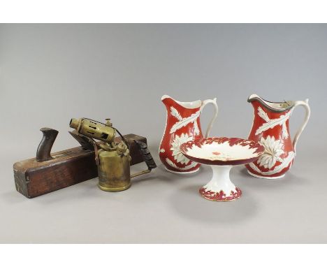 Two boxes to include a pair of relief moulded Victorian jugs, a 19th century Staffordshire floral and claret and gilt banded 
