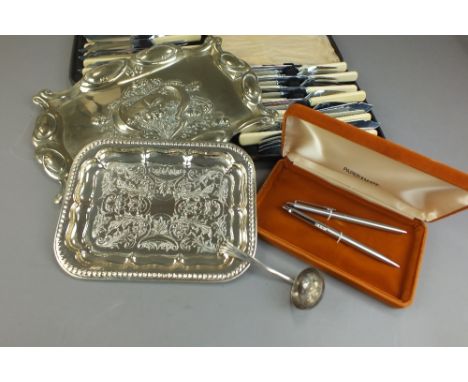 A silver sugar sifter spoon, together with a cased enamel and plate dressing table set, silver plated goblets, silver plated 