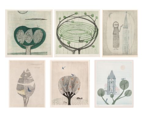 TREE; PARK; LITTLE GIRL; TREE IN BLOOM; WINTER TREE; GATE TO THE TOWNSix color etchings and aquatints, on wove paper, 1955, 1