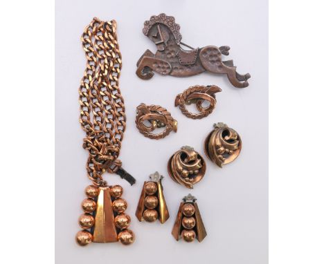 A collection of Renoir jewellery (a necklace and matching earrings and two pairs of earrings) and a Francisco Rebajes copper 
