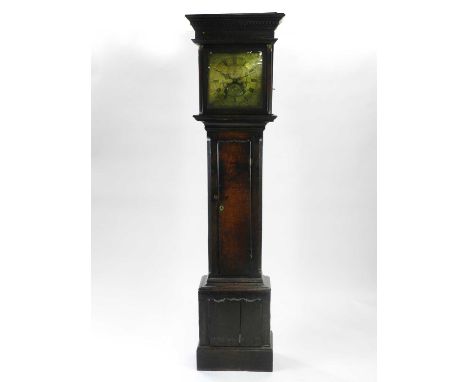 An 18th century oak, 8-day, longcase clock, with a 12" brass dial engraved with floral spandrels and unusually, three fountai