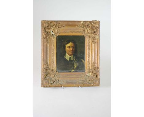 After Samuel Cooper, Portrait of Oliver Cromwell in Armour, oil on panel, measurements 23 x 18 cm, frame 39.5 x 35 cmHandwrit