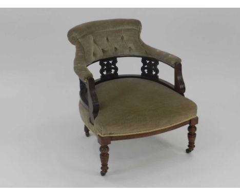 An Edwardian button-back open armchair, seat height 38cm,  together with an inlaid mahogany three-tier cake stand, 97cm high,