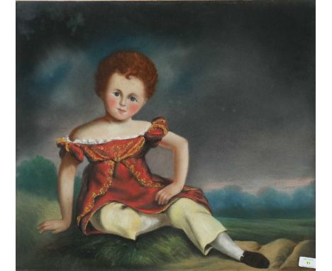 Naive School, 19th century, Portrait of a child sitting in a landscape, label verso, Orlando George Charles Bridgeman, Hon. (