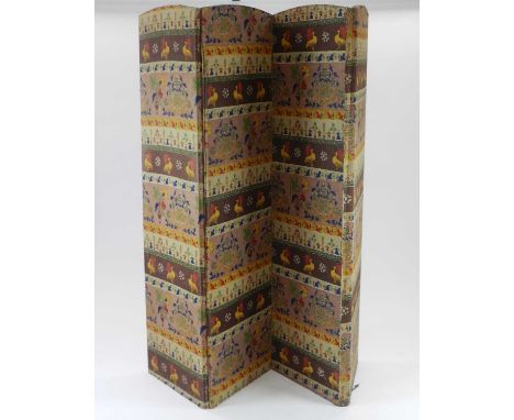 A large Edwardian four-fold screen, covered in folk art style fabric, 183cm high, 204cm wide (each panel 51cm wide).Condition