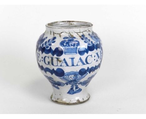 A miniature English delft apothecary vaselate 17th/18th centurypainted in blue with typical arrangements featuring angels, be