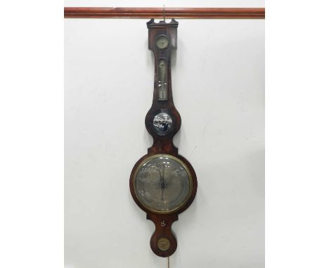 A 19th century mahogany banjo mercury barometer and weather station, with silvered dial, humidity index and thermometer, 108c
