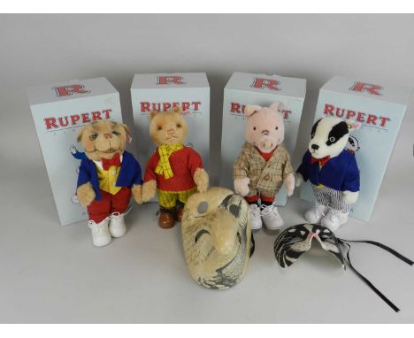 Four Steiff Rupert the Bear teddy bears: Podgy Pig, Algy Pug, Bill Badger, and Rupert, all boxed with papers, together with a