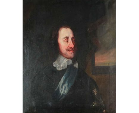 Half portrait of a 17th century gentleman, wearing a lace collar and sash, a landscape beyond, 76.5cm x 63.5cmCondition repor