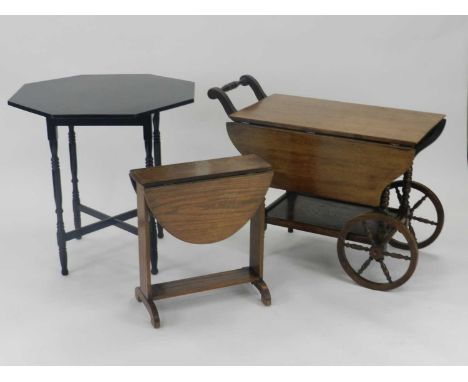 An Edwardian oak drop-leaf trolley table and two other tables of similar vintage. (3)