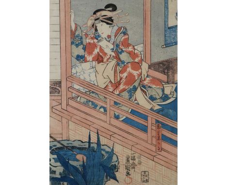 Japanese Woodblock Print of an Actress leaning on a balcony, mounted and framed, measurements 35 x 24 cm (i), frame 44 x 32.5