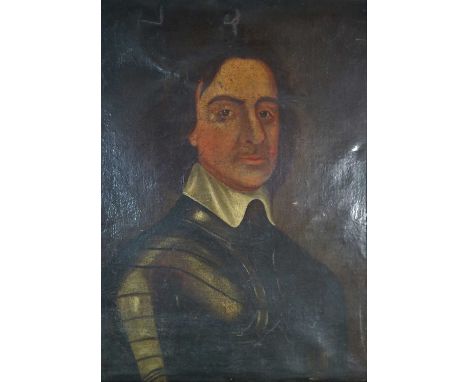After Adriaen Hannemann, Portrait of Oliver Cromwell, oil on canvas, faded plaque on frame reads Oliver Cromwell 1599-1658, m