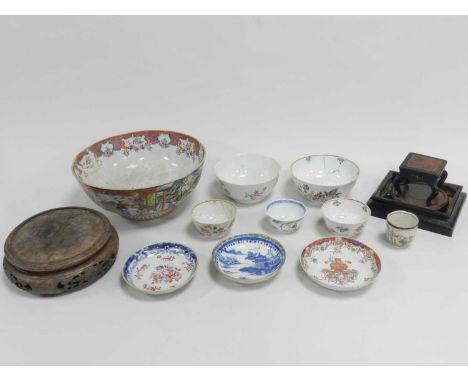 A group of 18th century Chinese porcelain, including an export famille rose punch bowl, 26cm dia., two famille rose slop bowl