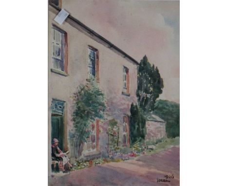 Watercolour of a lady reading on the front step, signed Jordan, dated 1926 bottom right, watercolour, mounted and framed. Mea