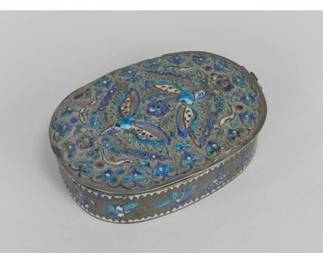 A Chinese enamelled silver makeup box, circa 1900, of ovoid form, the top and sides embossed and chased with butterflies and 