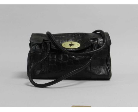 A recent vintage Mulberry leather crocodile effect handbag, of clutch form with strap handles and brass clasp, the internal c