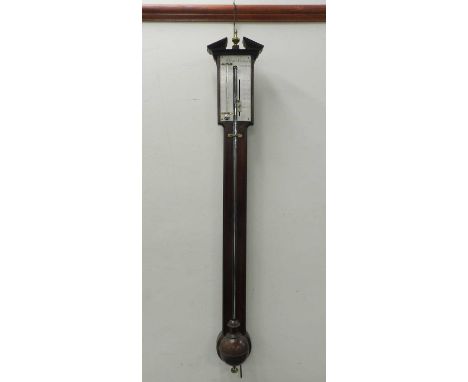 A George III mahogany stick barometer, the rectangular silvered register signed 'Henry Pyefinch, London', with mercury thermo