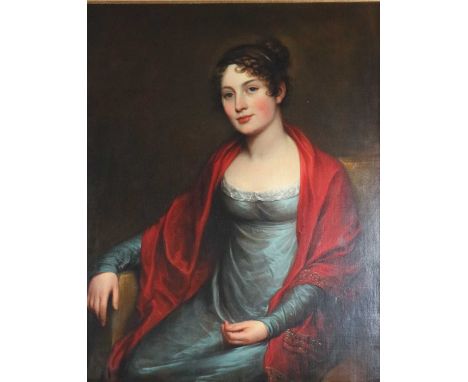 English School, 19th century, 3/4 portrait of a young lady wearing a blue dress and a red shawl, oil on canvas, 91 x 71cmCond