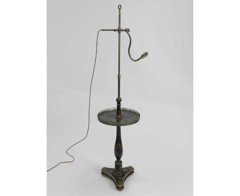 A recent Vaughan of London Japanned lacquer and brass floor lamp, with adjustable lamp head and galleried tier above a balust