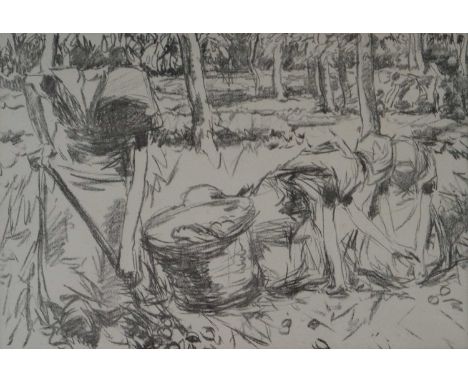 Harry Becker (British 1865-1928), Ladies Gathering Crops, lithograph, mounted and framed. Measurements 36.5 x 54 cm, frame 56