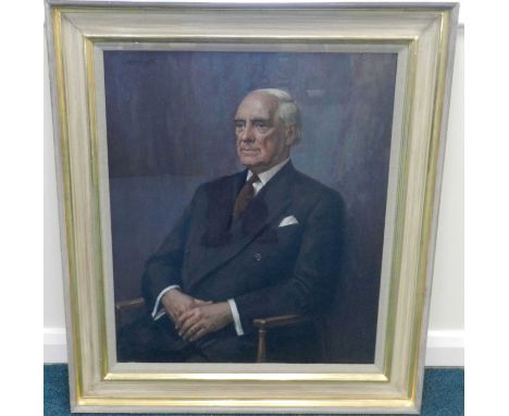 Walter Woodington (British, born 1916), ¾ length portrait of George H.Hamer, wearing a grey suit, signed top left, oil on can