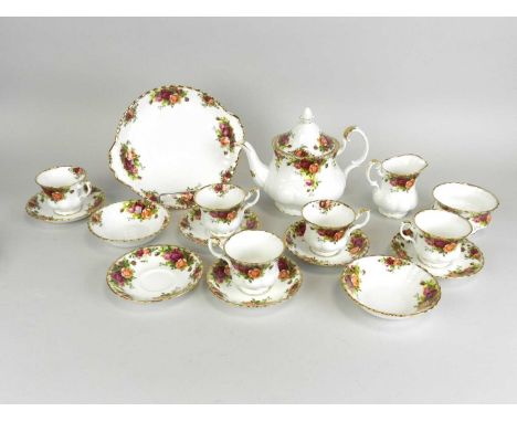 Royal Albert Old Country Roses service comprising six teacups, six saucers, teapot and cover, six side plates, six small bowl