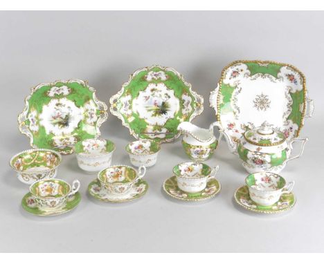 A Coalport green ‘Batwing’ breakfast service with similar other matched Coalport, including 'Fancy Birds' dessert wares paint