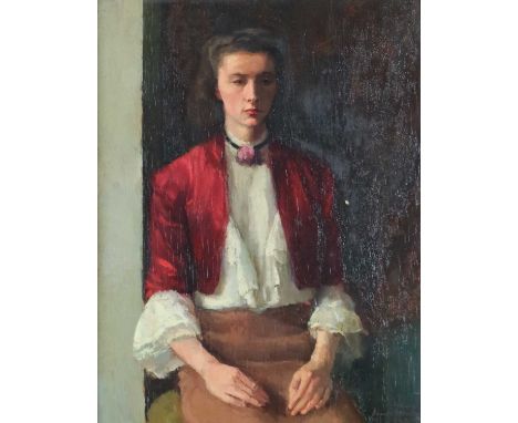 Attributed to Deryck Foster (British 1924-2011), Portrait of A Woman in Red Jacket, oil on board, signed bottom right, measur