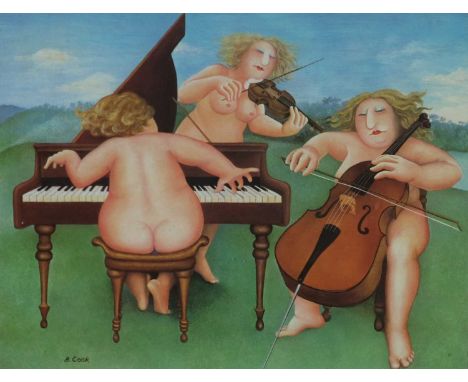 Three nude female musicians playing outside, Fine Art Guild blindstamp, signed in pencil in the margin, published by 'Alexand