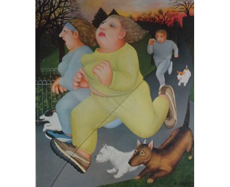 Three joggers in a park with 4 dogs, Fine Art Guild blindstamp, signed in pencil in the margin, published by 'Alexander Galle