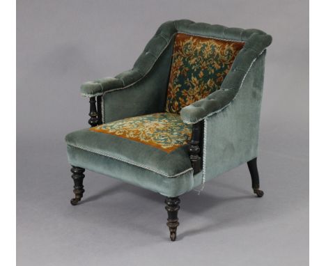 A Victorian ebonised occasional chair with padded seat, back, &amp; arms upholstered blue velour with floral needlework panel