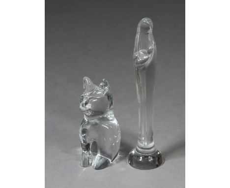 A Daum clear glass model of a seated cat, 6½” high; &amp; another Daum clear glass figure of Madonna &amp; child, 11” high; e