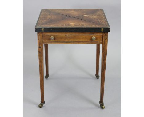 A 19th century inlaid rosewood envelope-top card table, with green baize-lined interior, fitted single frieze drawer with bra