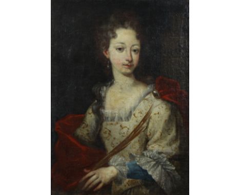 ENGLISH SCHOOL, 17th century. Portrait of a lady, wearing silk dress wth lace cuffs, red cape, with long flowing dark brown h