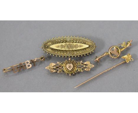 A 15ct. gold Etruscan revival oval brooch, 1¾” wide (5.7 gm); a 9ct. “Baby” bar brooch &amp; two other 9ct. bar brooches (5.8