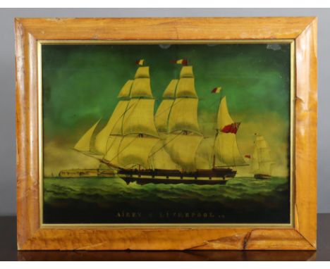 A 19th century maritime print reverse-laid on glass depicting the three-masted vessel “Airey of Liverpool”, 20” x 28”, in pin