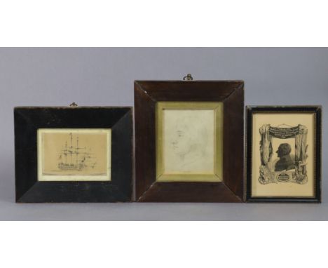 A small watercolour of a man-o’-war, 3” x 4½”, in glazed frame inscribed verso “Painted by one of Nelson’s Officers” (6¾” x 8