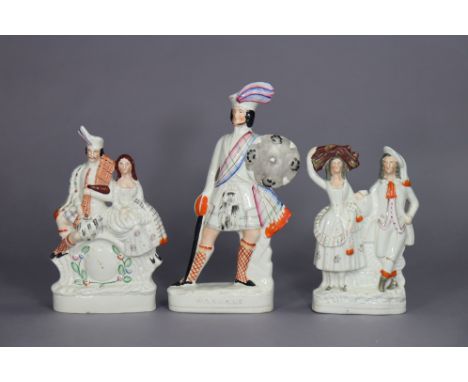 A Victorian Staffordshire pottery flat-back portrait figure titled “WALLACE” to the base, 17½” high; a ditto group of male &a