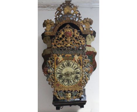 A 19th century Dutch/Friesland wall clock, the painted square dial with pierced &amp; painted metal crest &amp; borders, 30-h