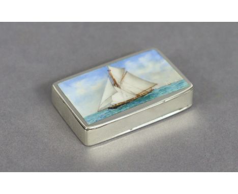 A Victorian silver rectangular snuff box, the hinged lid with painted enamel scene of a sailing yacht, 2” wide; London 1895 b