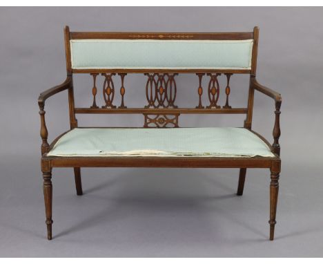 An inlaid mahogany frame two-seater sofa, with padded back &amp; seat upholstered light blue fabric, on slender turned taperi