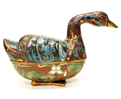 Chinese gilt bronze &amp; cloisonne lidded pot in the form of a duck. 12cm high, 19.5cm long.