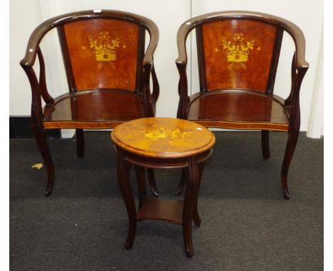 Cambodian Rosewood two chairs and side table with inlaid backs, 83cm wide, 88cm high approx