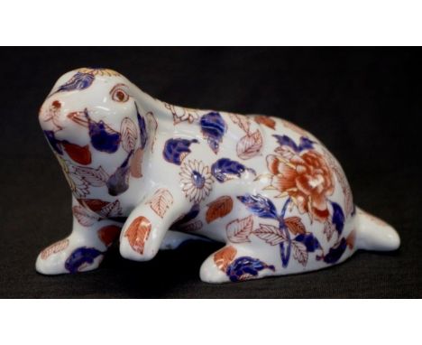 Chinese vintage porcelain rabbit in red and blue 20cm long.