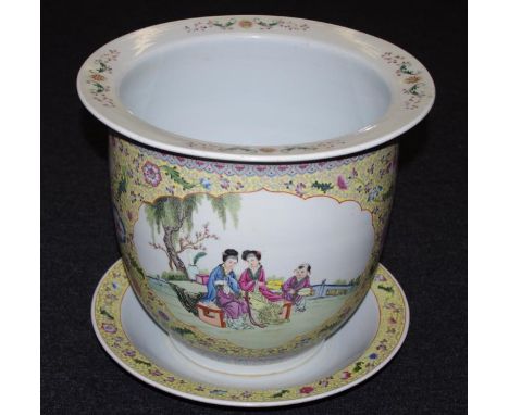 Large Chinese ceramic jardiniere and stand with yellow border, (Republic), height 35cm approx