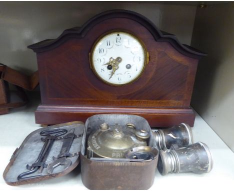A mixed lot: to include an Edwardian satinwood inlaid mahogany mantel clock; the 8 day movement faced by an enamelled Arabic 