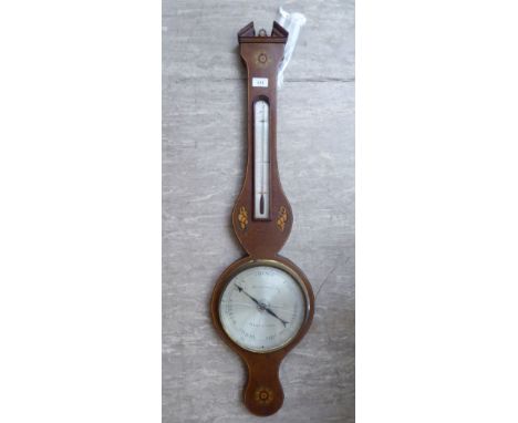 An Edwardian string inlaid mahogany G Mangacavado & Co aneroid barometer, faced by a brushed steel dial  44''h       LSB
