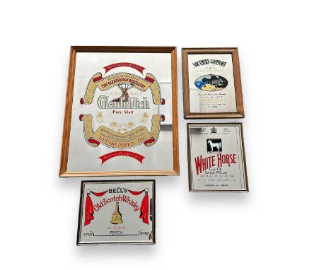 Four Vintage Whisky Mirror Signs. Glenfiddich, Bell's, White Horse and Southern Comfort. All framed, no damage or scratches. 