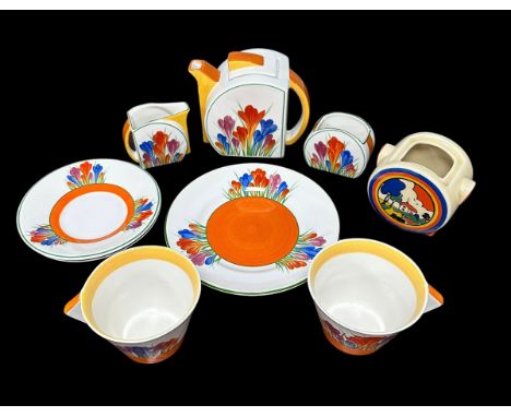 Wedgwood for Bradex, Clarice Cliff reproduction Crocus tea for Tea pattern tea service, two include; teapot, milk jug, sugar 